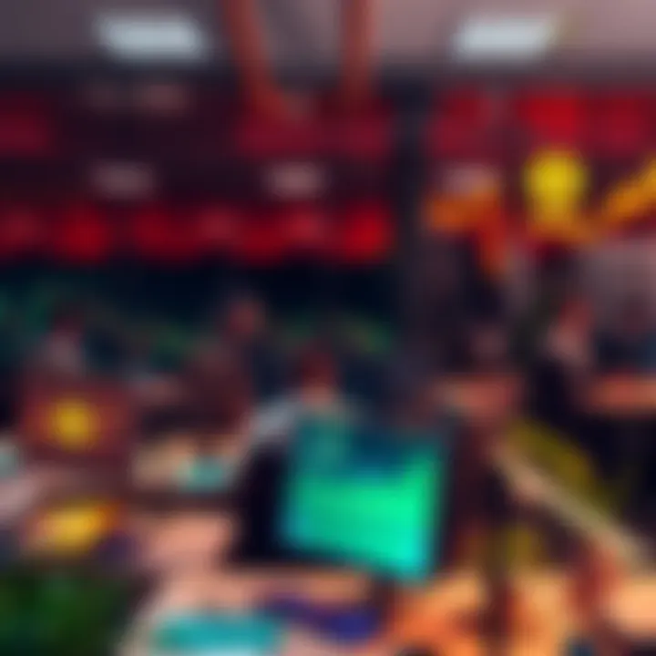 A modern office space with people working on computers, analyzing Bitcoin market data with AI tools.