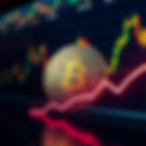 Bitcoin logo with a downward trend line indicating testing of support level, market analysis in the background