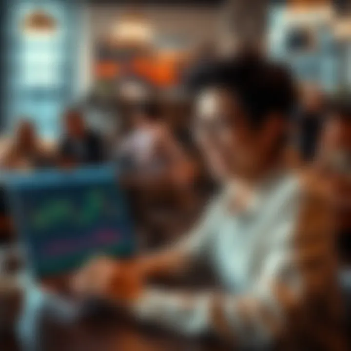 A person looking at Bitcoin charts on a laptop, smiling while reading a critique article about Bitcoin. Background shows a coffee shop with people discussing investments.