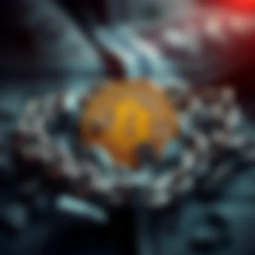 A Bitcoin symbol surrounded by broken chains, symbolizing freedom from financial oppression.