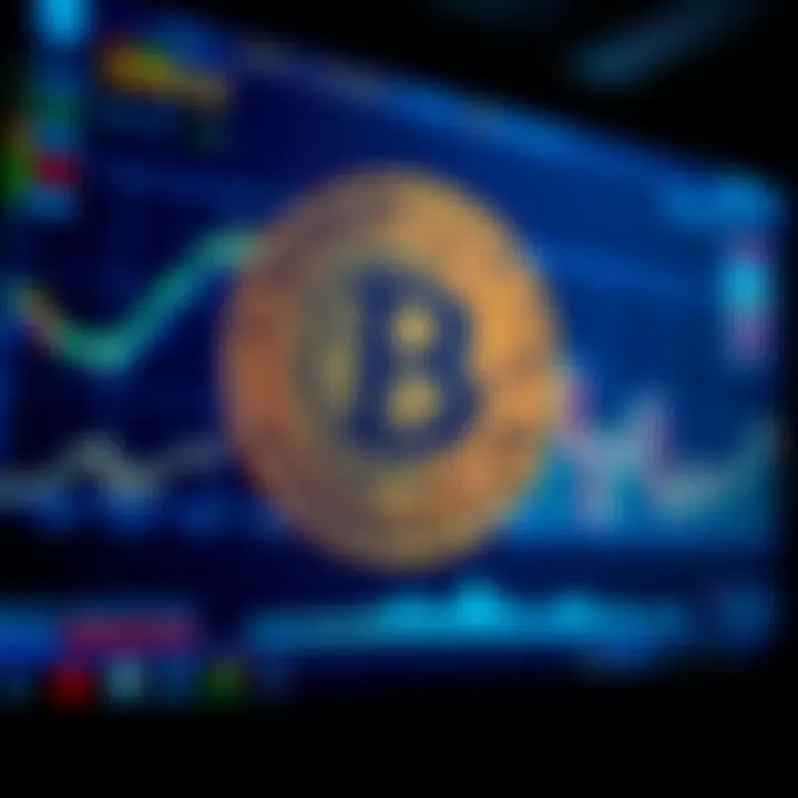 A close-up of a computer screen displaying the Bitcoin symbol with charts and numbers related to cryptocurrency