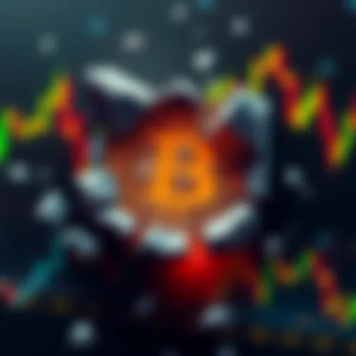 The Bitcoin symbol is shown cracking apart while surrounded by falling price charts, representing potential decline.