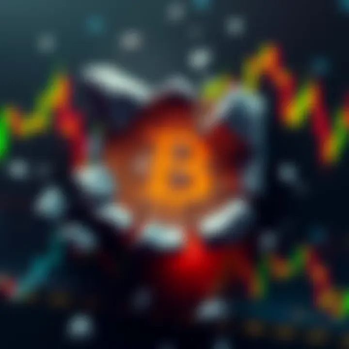 The Bitcoin symbol is shown cracking apart while surrounded by falling price charts, representing potential decline.