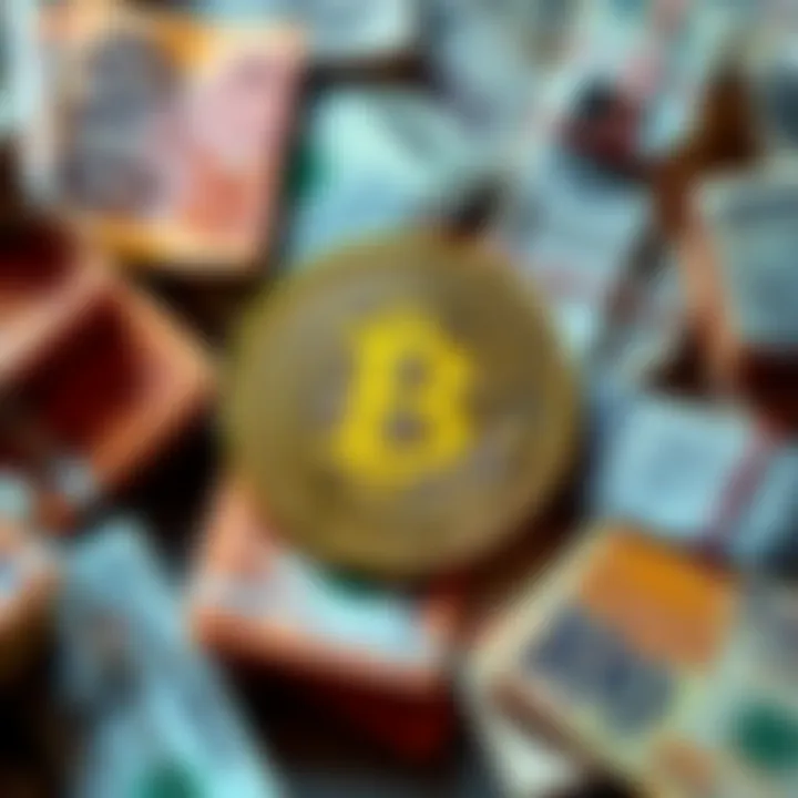 A Bitcoin symbol in the center surrounded by various currency notes, illustrating Bitcoin's role in global finance and economics.