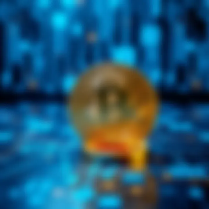 A golden Bitcoin symbol against a blue digital backdrop, representing the rise of digital currency