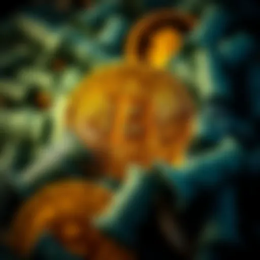 A Bitcoin symbol surrounded by dollar signs, representing the financial allure and controversy of cryptocurrency.