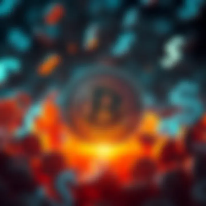 A Bitcoin symbol surrounded by dollar signs, illustrating its value compared to traditional currencies.