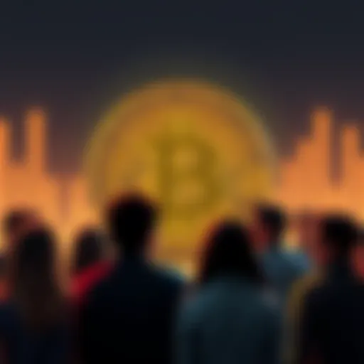 A group of diverse people discussing Bitcoin, with a large Bitcoin symbol in the background, representing a shared understanding of cryptocurrency.