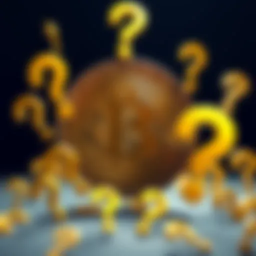 A Bitcoin symbol surrounded by question marks, representing confusion about its true value and authenticity.