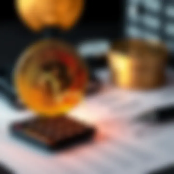 A graphic showing a downward trend in Bitcoin value due to taxes, with a calculator and tax forms in the background.