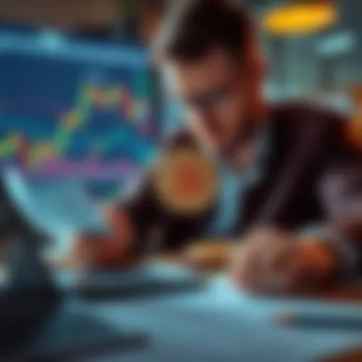 Bitcoin Tax Impact A distressed investor looking at Bitcoin price charts with tax forms and a calculator on the table, reflecting on potential losses due to the new tax law in the Netherlands.