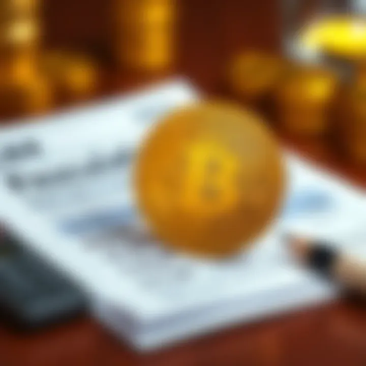 A graphic showing a Bitcoin coin with tax documents and calculator, illustrating tax implications of Bitcoin purchases in the UK.