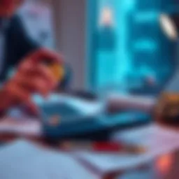 A person analyzing Bitcoin transactions for tax reporting with a calculator and tax forms on a desk.