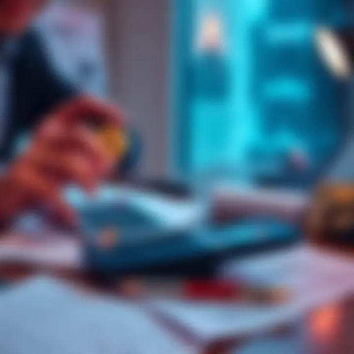 A person analyzing Bitcoin transactions for tax reporting with a calculator and tax forms on a desk.