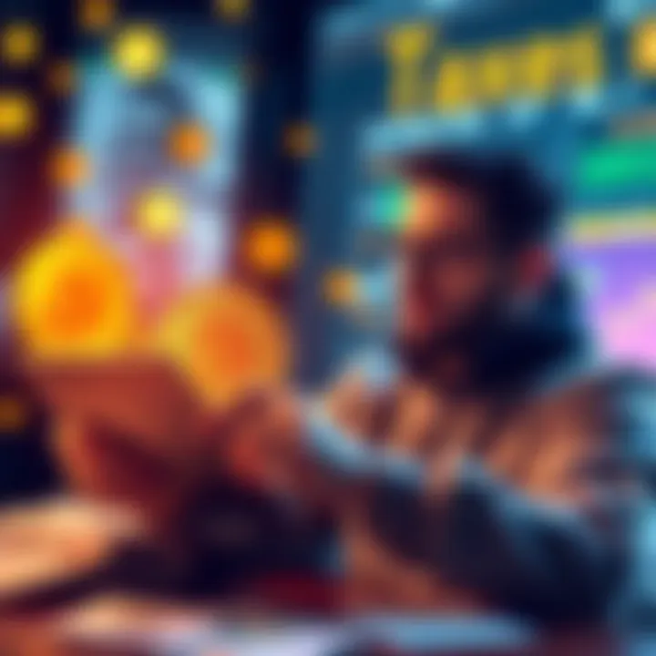 Bitcoin and Taxes A person calculating taxes with Bitcoin symbols and money around them