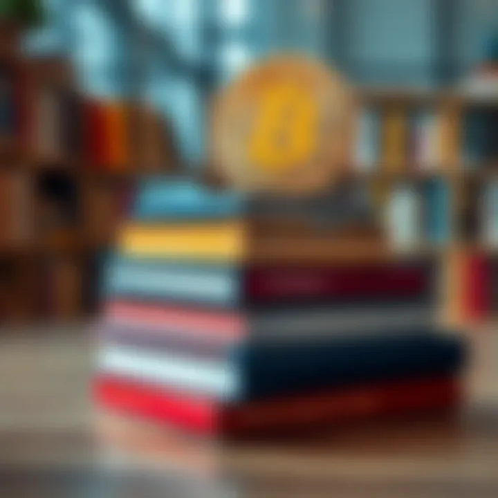 A stack of textbooks focused on Bitcoin and cryptocurrency studies
