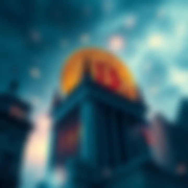 A digital representation of Bitcoin looming over traditional bank buildings, symbolizing the impact of cryptocurrency on traditional finance.