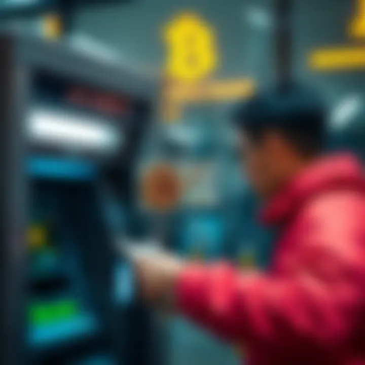 Bitcoin to Cash Conversion A person withdrawing cash from an ATM after converting Bitcoin to cash, with Bitcoin symbols in the background