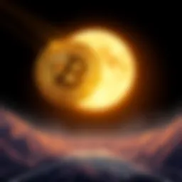 An illustration of a Bitcoin symbol flying towards a glowing moon, representing its potential growth and upward trend in the market.