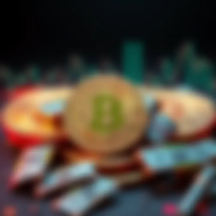 A visual representation of Bitcoin tokens with cash symbols and digital graphics, representing its misleading value as electronic cash.