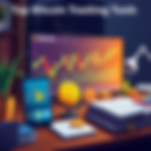 An illustration showing various Bitcoin tracking tools including apps and books on a desk with a computer screen displaying a Bitcoin graph.