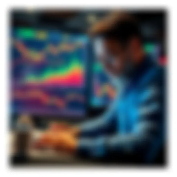 A seasoned Bitcoin trader looking at charts and graphs on a laptop, reflecting on ten years of market changes.