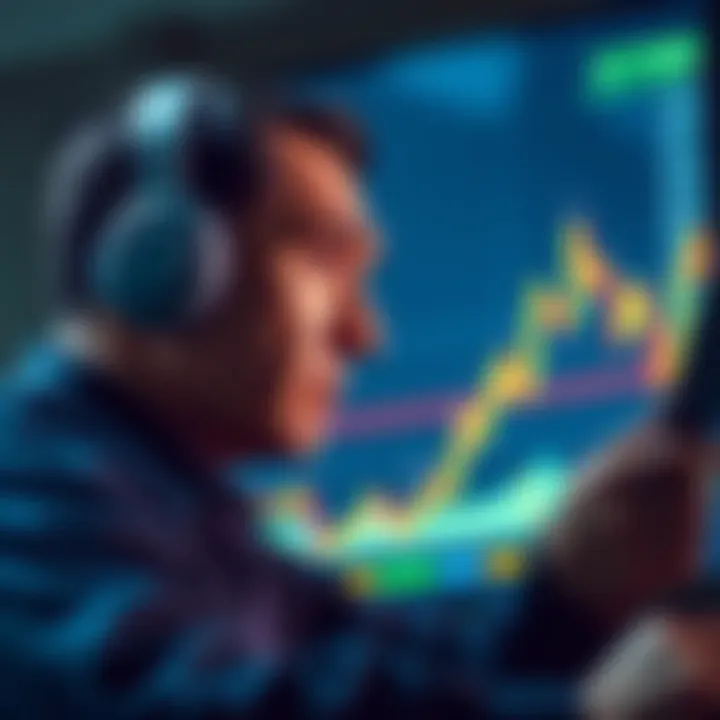 A trader observes a Bitcoin chart with fluctuating prices, showing concern but determination as they analyze their investment strategy.