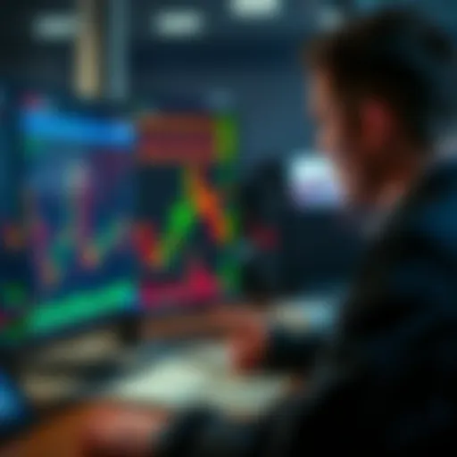 A person looking at Bitcoin charts on a computer, showing a mix of red and green indicators, reflecting the ups and downs of trading.