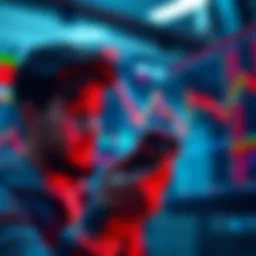 A person looking at Bitcoin charts with a worried expression while holding a phone showing market trends in red.