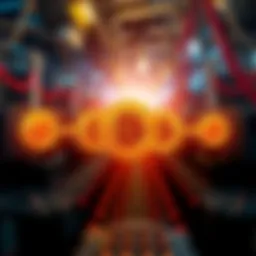 A graphic showing Bitcoin symbols with arrows depicting off-chain trading and exchanges, amidst a backdrop of mining equipment fading away.