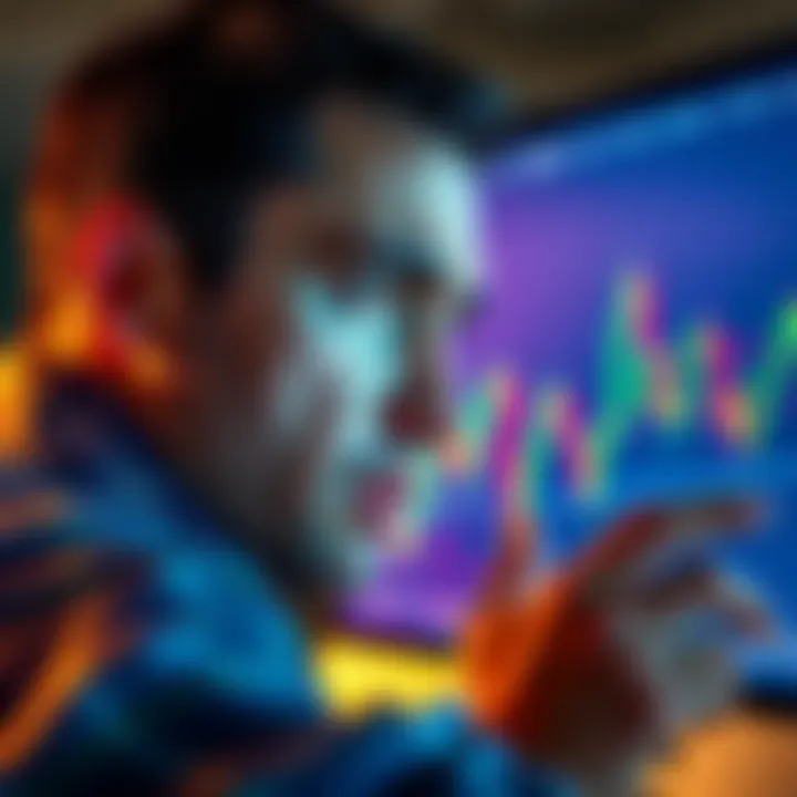 Bitcoin Trading Emotions A trader looking at fluctuating Bitcoin price charts showing green and red candles with a stressed expression.