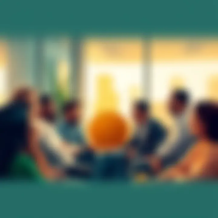 A diverse group of people discussing Bitcoin trading strategies in a modern office setting