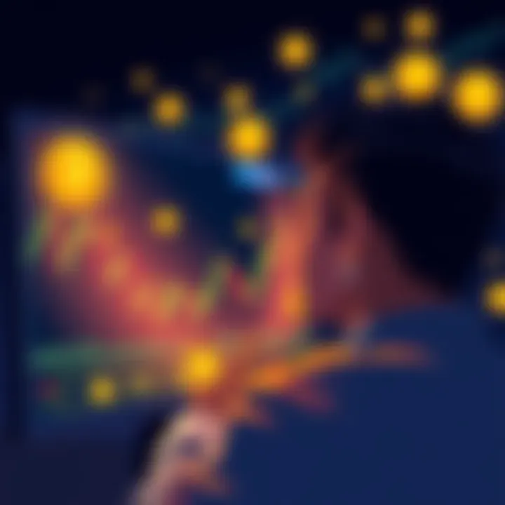 A person looking at a computer screen showing Bitcoin prices and trading charts, with symbols of buying and selling around them.