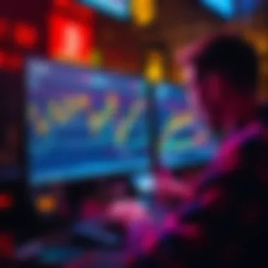 A trader analyzing Bitcoin charts on a computer screen, showing market trends and leverage opportunities.