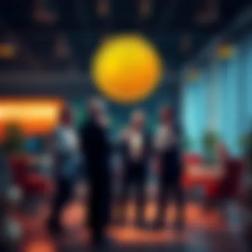 A group of wealthy investors discussing bitcoin trading strategies in a modern office setting