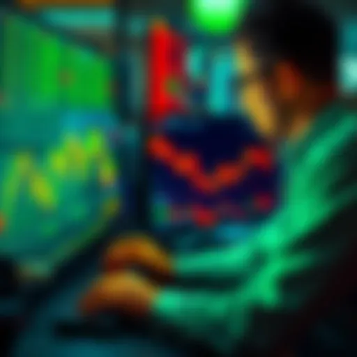 A trader examining Bitcoin charts with focus on tight stop-loss strategies and maker fees, with a computer screen displaying fluctuating Bitcoin prices.