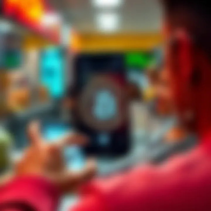 A person using a smartphone to pay with Bitcoin at a shop, showing a digital wallet app on the screen