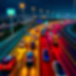 A graphic showing Bitcoin transactions represented as colorful vehicles driving on a highway, visualizing Bitcoin traffic in real-time.