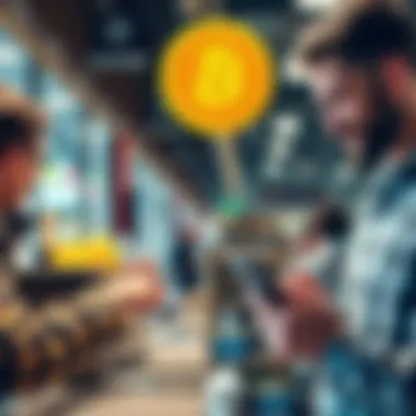 Bitcoin Transactions vs. Holding A graphic showing a person using Bitcoin at a store checkout versus a person looking at a Bitcoin wallet on a phone, symbolizing the choice between spending and holding Bitcoin