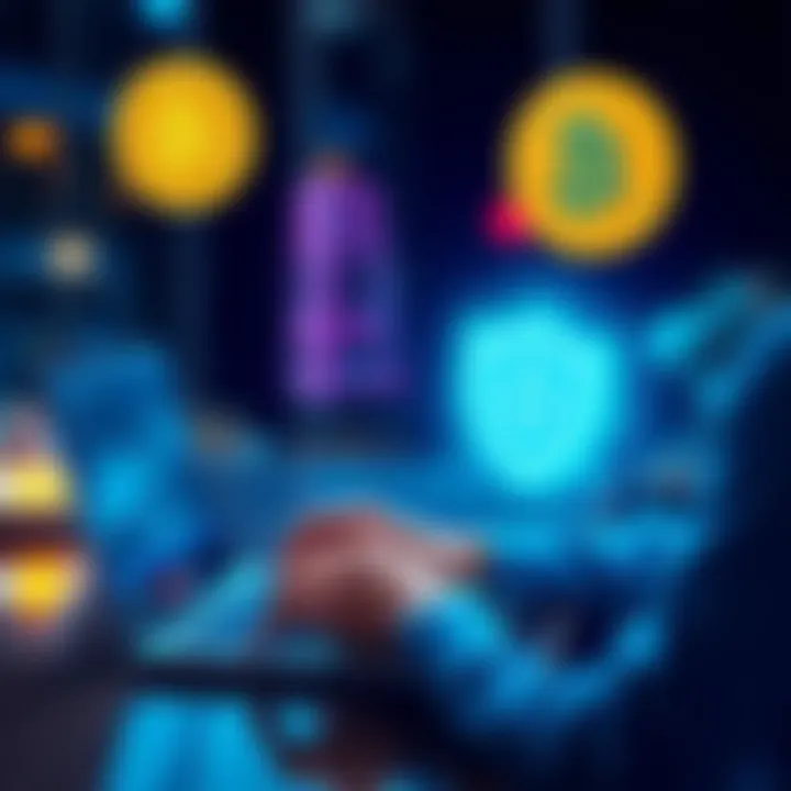 A person using a laptop to make Bitcoin transactions securely, with a shield icon representing privacy