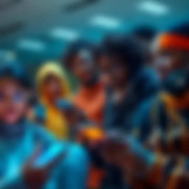 A diverse group of people using digital devices to access banking services through Bitcoin, showcasing inclusivity in finance.