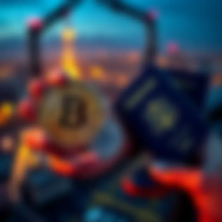 Bitcoin as Travel Money A person holds a Bitcoin in one hand and a passport in the other, symbolizing savings and travel expenses.