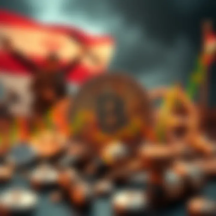 Bitcoin chart fluctuating with symbols of Iran's conflict in the background