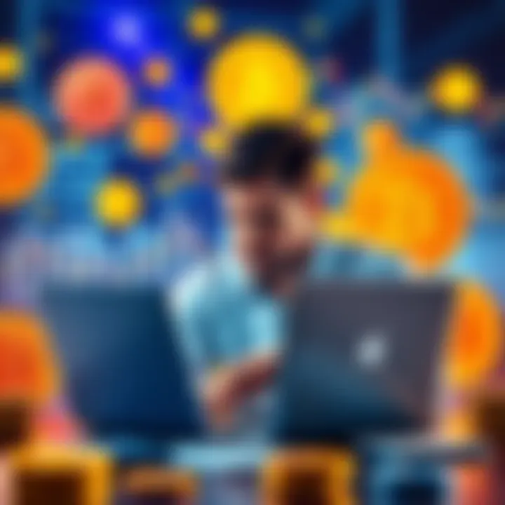 Bitcoin trust account concept A person analyzing Bitcoin trust accounts on a laptop, surrounded by cryptocurrency symbols and charts.