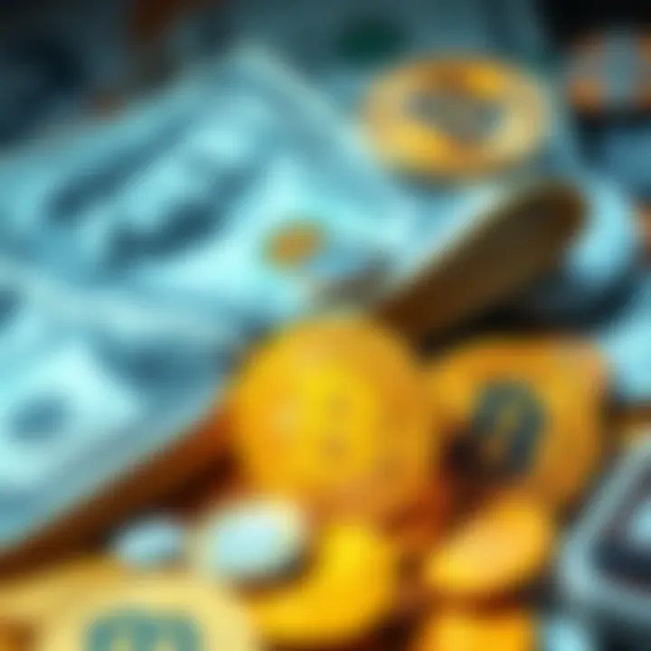 A visual representation of Bitcoin symbols surrounded by traditional financial items like dollar bills and coins, highlighting the contrast between the two systems.