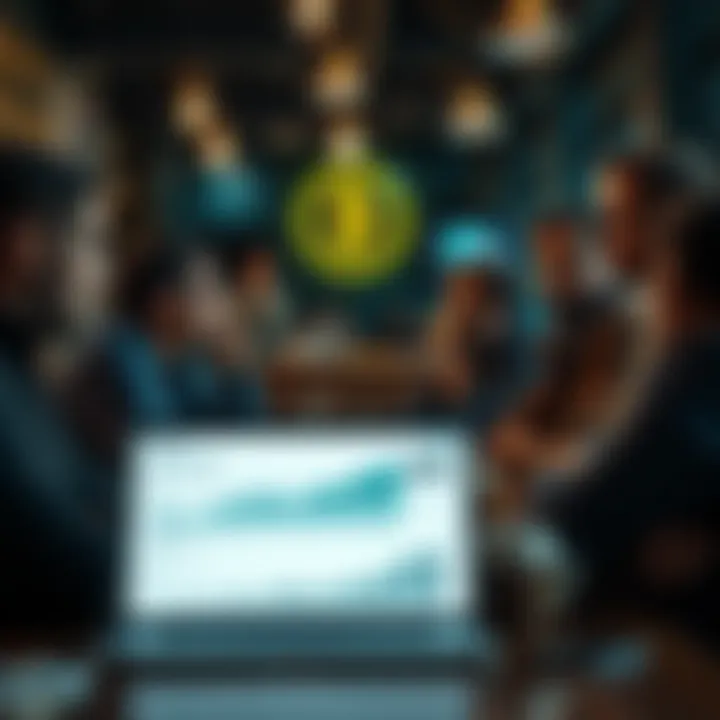 A group of people discussing Bitcoin's value at a café, with a laptop open showing graphs and charts related to cryptocurrency.