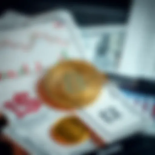 A visual representation of Bitcoin currency amidst US debt documents and financial charts, highlighting economic instability.