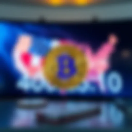 A Bitcoin symbol in front of a backdrop showing the USA national debt clock, highlighting the connection between cryptocurrency and national debt.