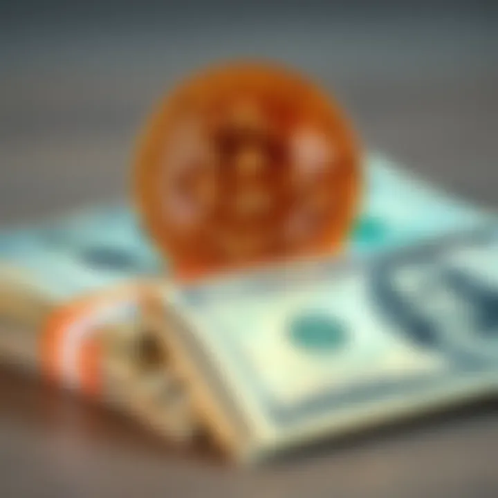 Bitcoin and US Dollar Comparison A visual comparison of Bitcoin and US Dollar, showing Bitcoin's symbol alongside a stack of US currency notes, representing the debate on their values.