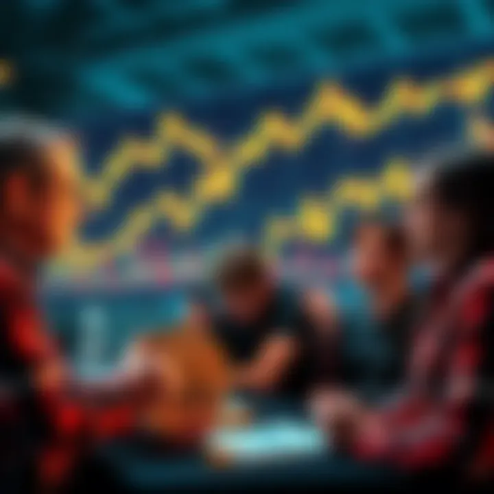 A group of Bitcoin enthusiasts discussing their worries about the cryptocurrency's dollar value with charts and graphs in the background.